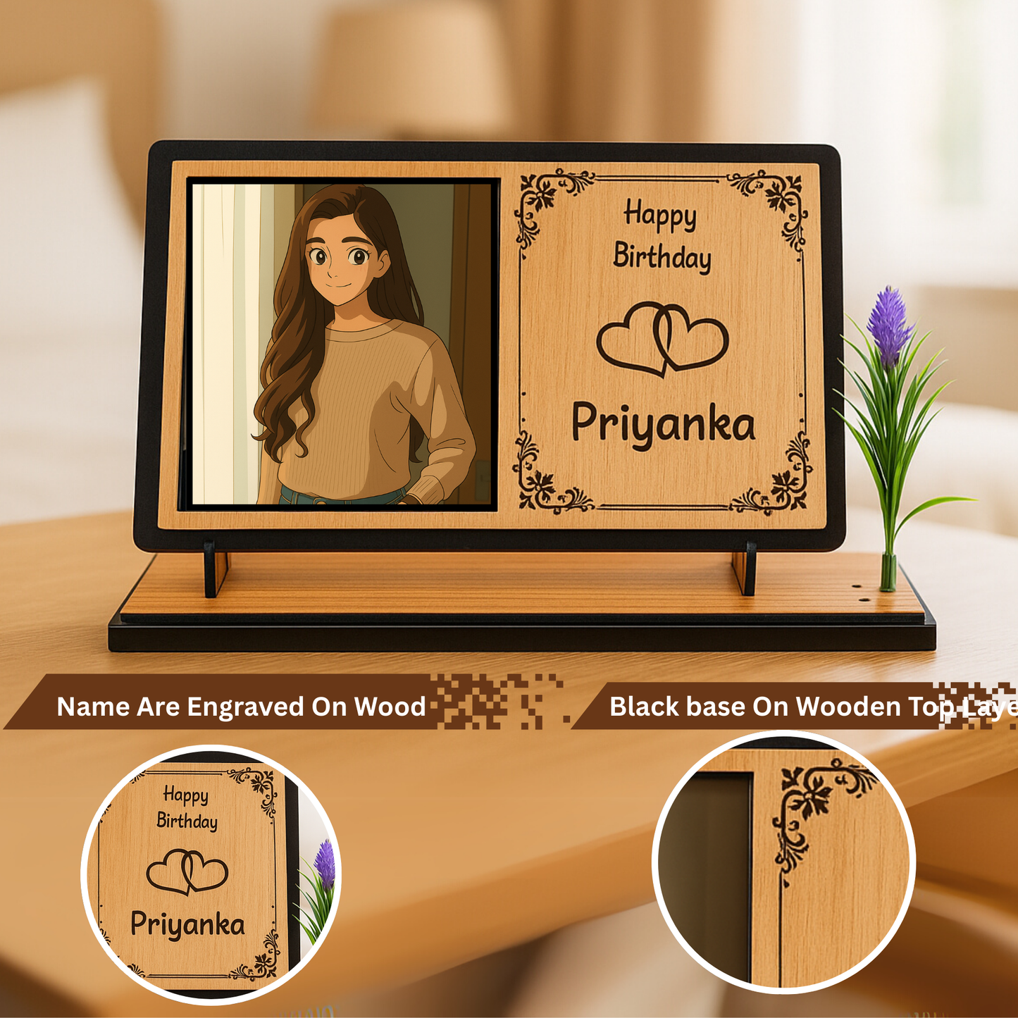 Customized Wooden Photo Frame In Ghibli Style with Name – Happy Birthday Gift | Dandjdecor.in (Copy)