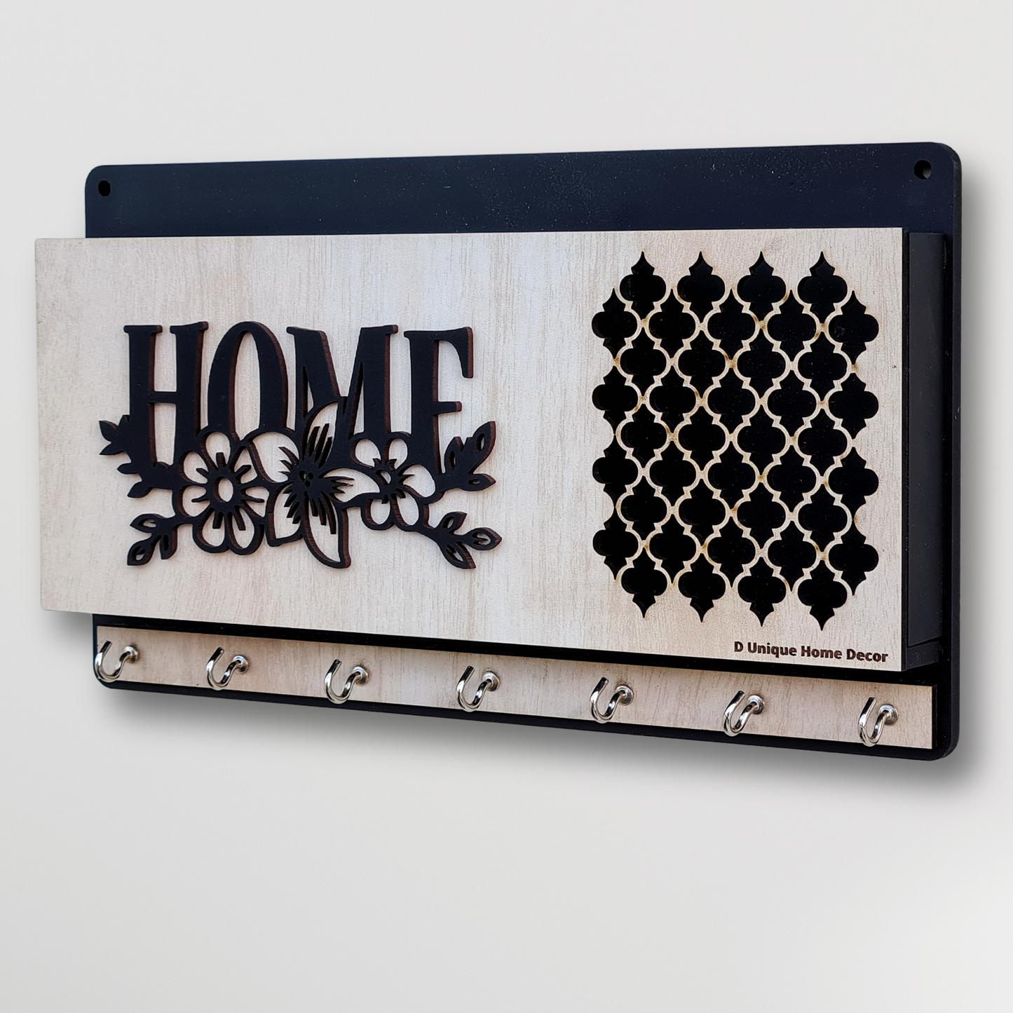 Wall Mounted Key Holder with 7 Stainless Hooks Style 2 | Wooden "HOME" Design Key Organizer – Dandjdecor.in