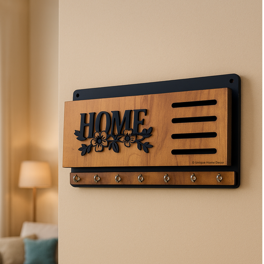 HOME” Laser Cut Wooden Key Holder – 7 Hook Wall Mount Organizer | Dandjdecor.in