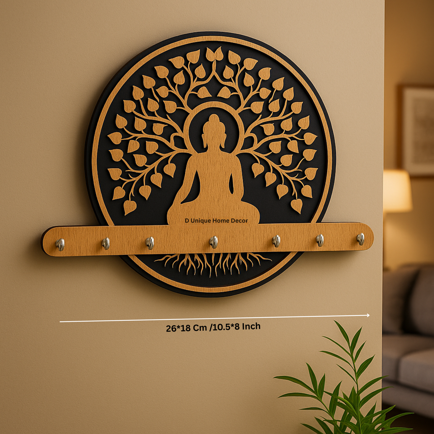 Buddha-Themed Wooden Key Holder – 7 Hook Wall Mount | Dandjdecor.in