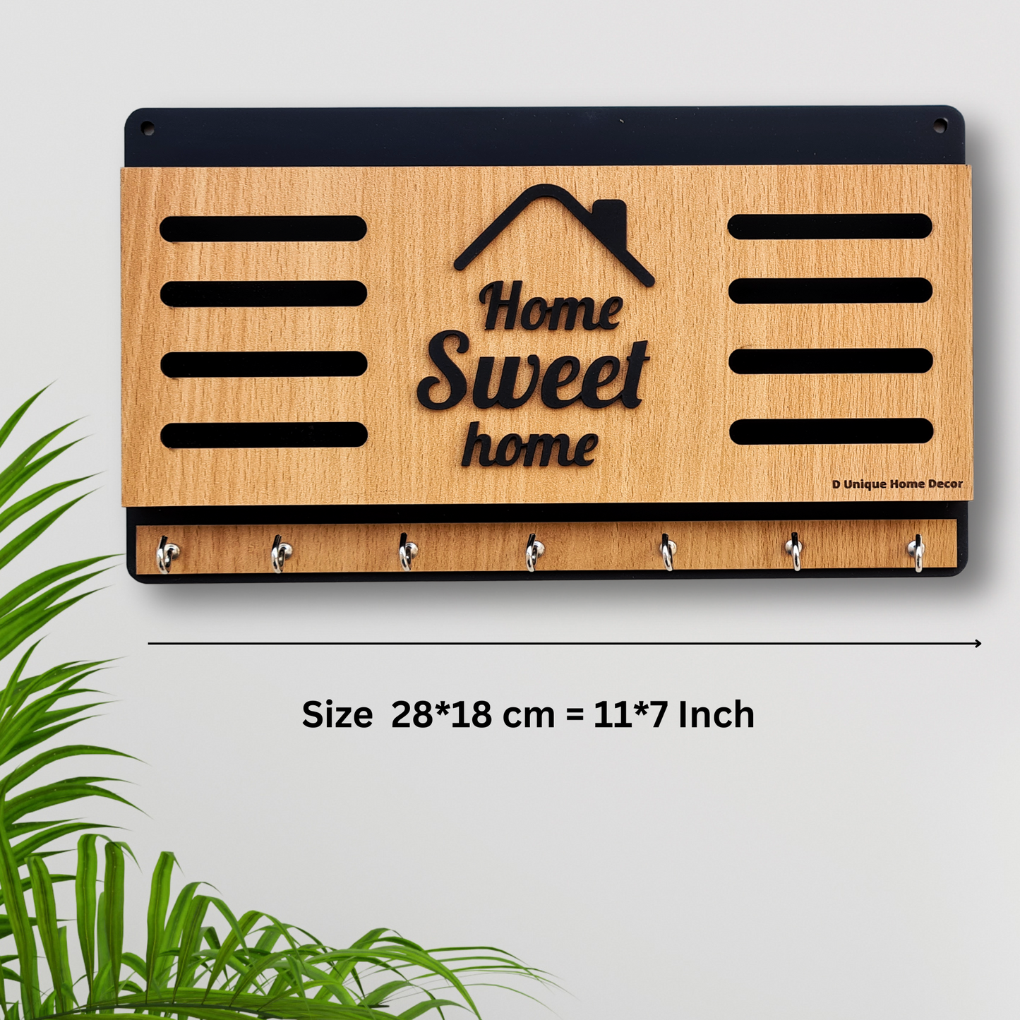 Wall Mounted Key Holder with 7 Stainless Hooks | Wooden "HOME" Design Key Organizer – Dandjdecor.in
