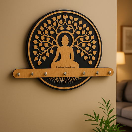 Buddha-Themed Wooden Key Holder – 7 Hook Wall Mount | Dandjdecor.in
