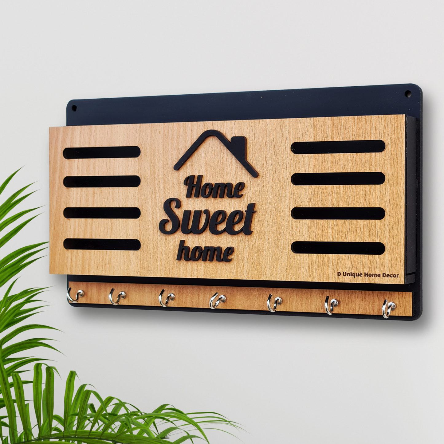 Wall Mounted Key Holder with 7 Stainless Hooks | Wooden "HOME" Design Key Organizer – Dandjdecor.in