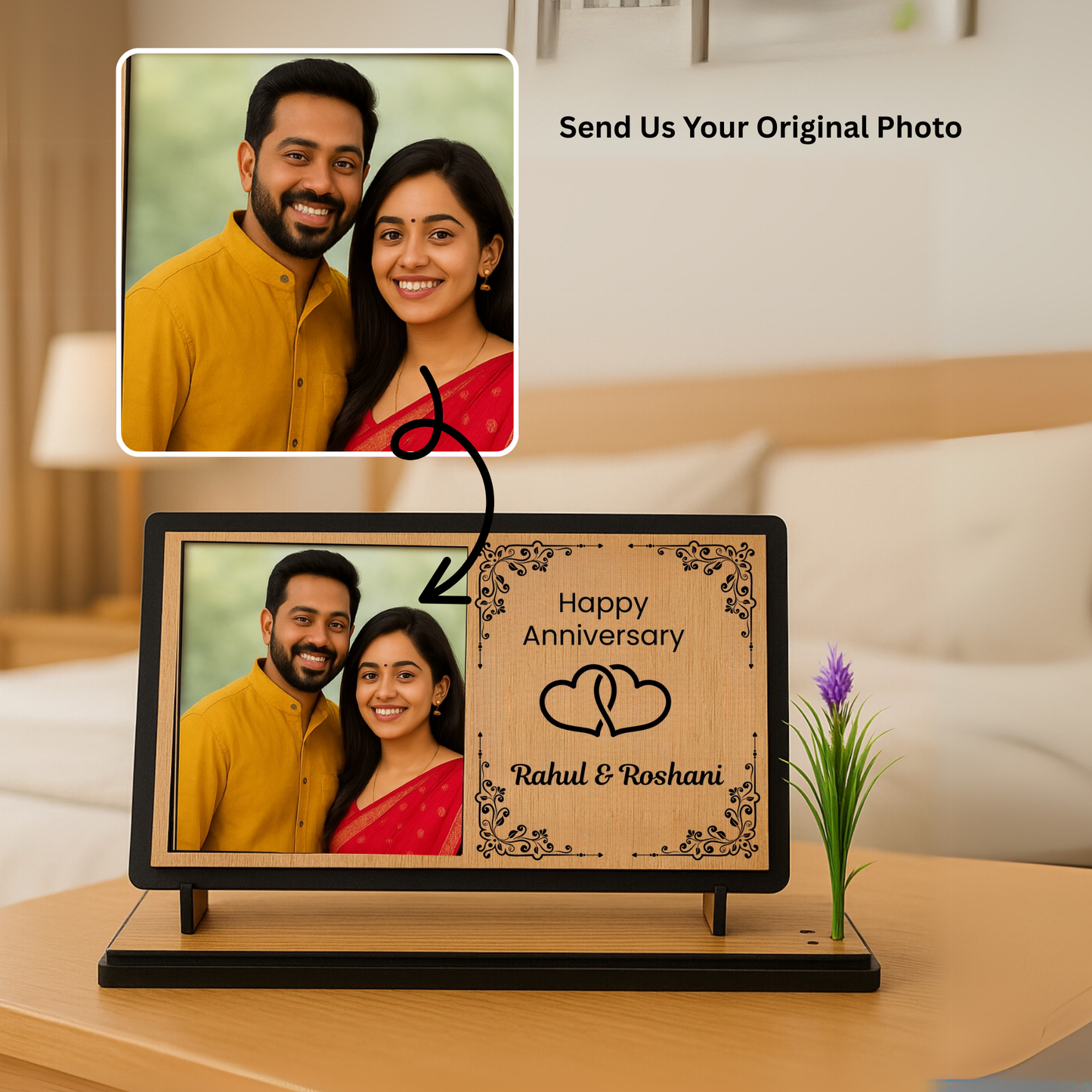 Customized Wooden Couple Photo Frame – Anniversary Gift | Dandjdecor.in