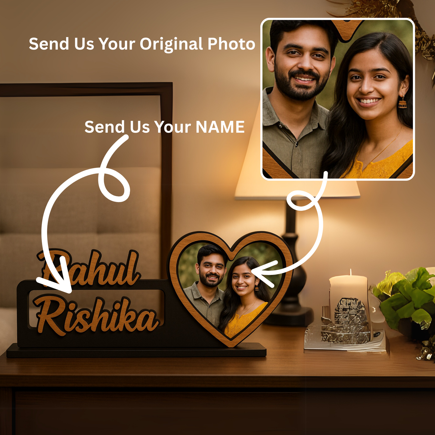Personalized Heart-Shaped Couple Name Photo Frame – Perfect for Anniversaries & Birthdays | Dandjdecor.in