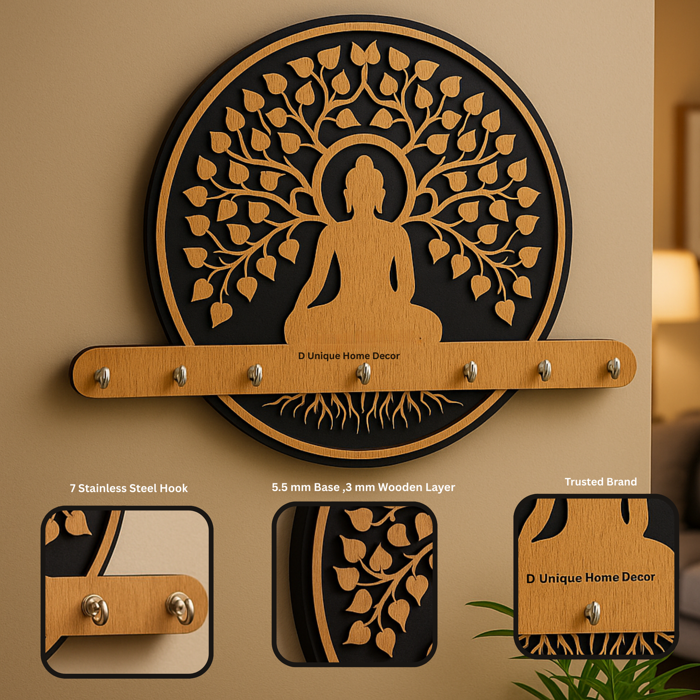 Buddha-Themed Wooden Key Holder – 7 Hook Wall Mount | Dandjdecor.in