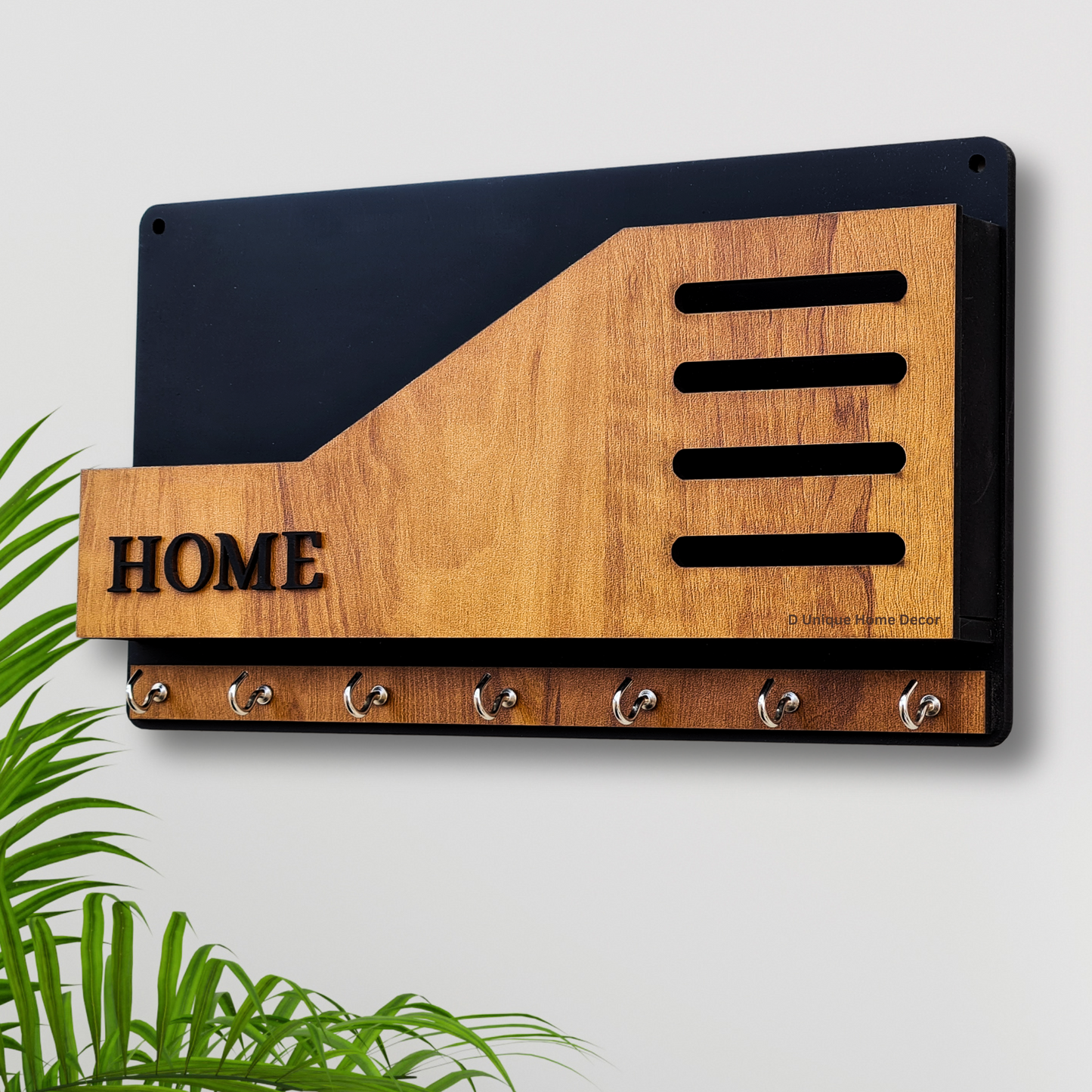 Modern Wooden Key Rack for Wall | HOME Word Art | 7 Hook Key Storage | Wall Décor by Dandjdecor