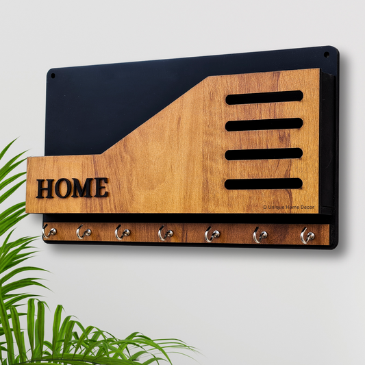 Modern Wooden Key Rack for Wall | HOME Word Art | 7 Hook Key Storage | Wall Décor by Dandjdecor
