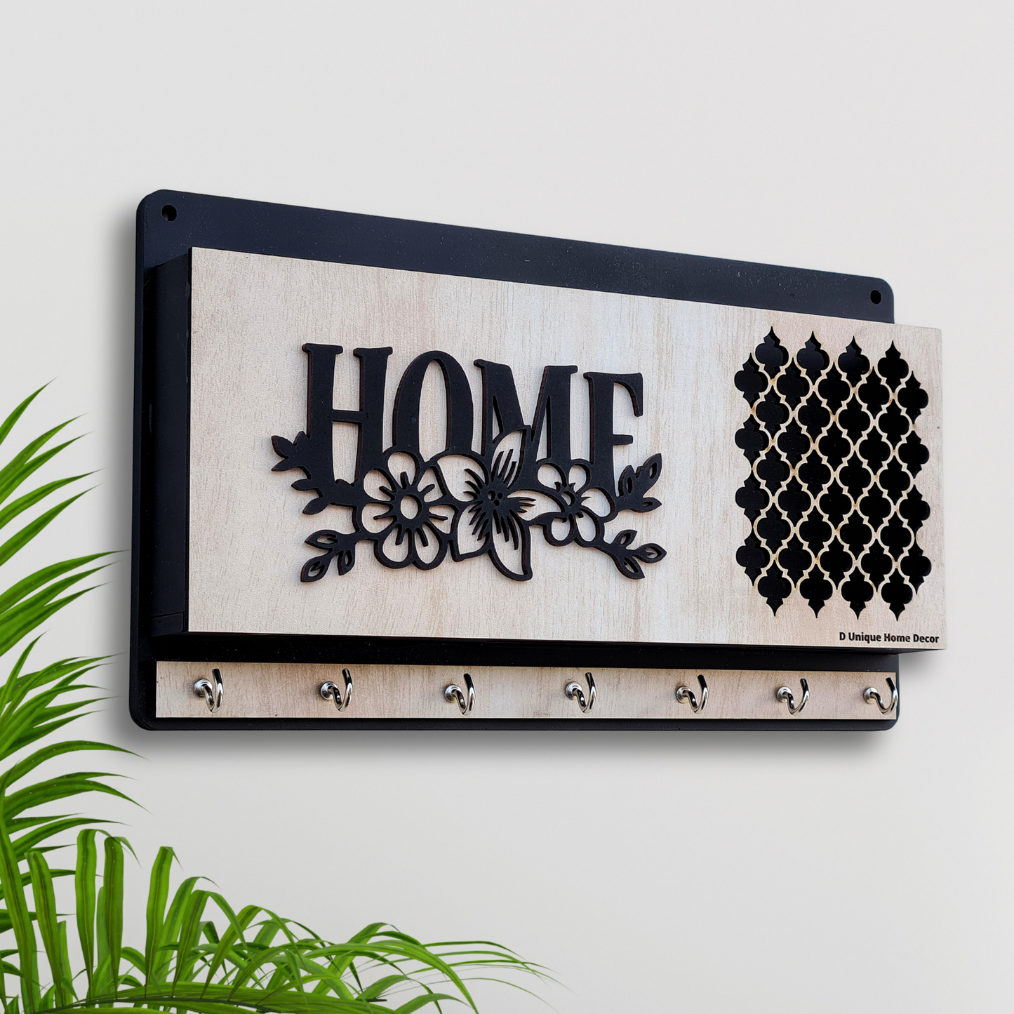 Wall Mounted Key Holder with 7 Stainless Hooks Style 2 | Wooden "HOME" Design Key Organizer – Dandjdecor.in