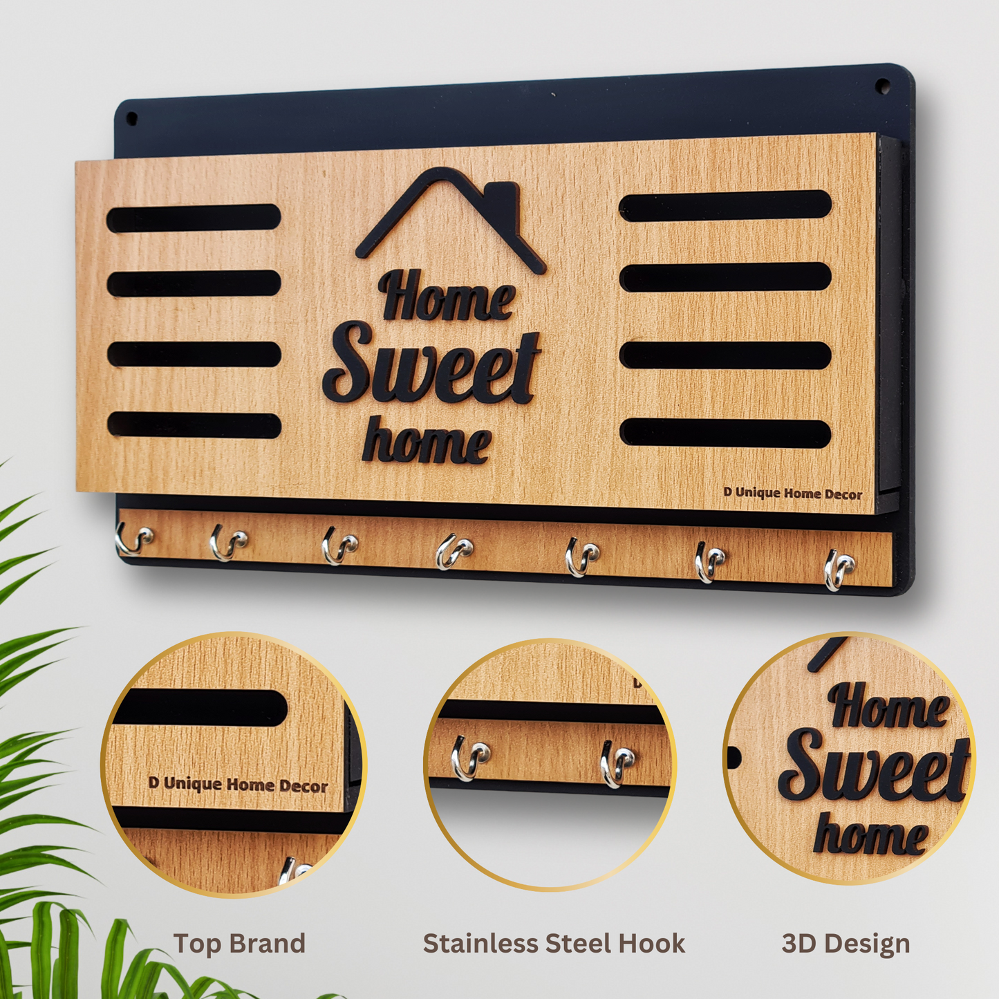 Wall Mounted Key Holder with 7 Stainless Hooks | Wooden "HOME" Design Key Organizer – Dandjdecor.in