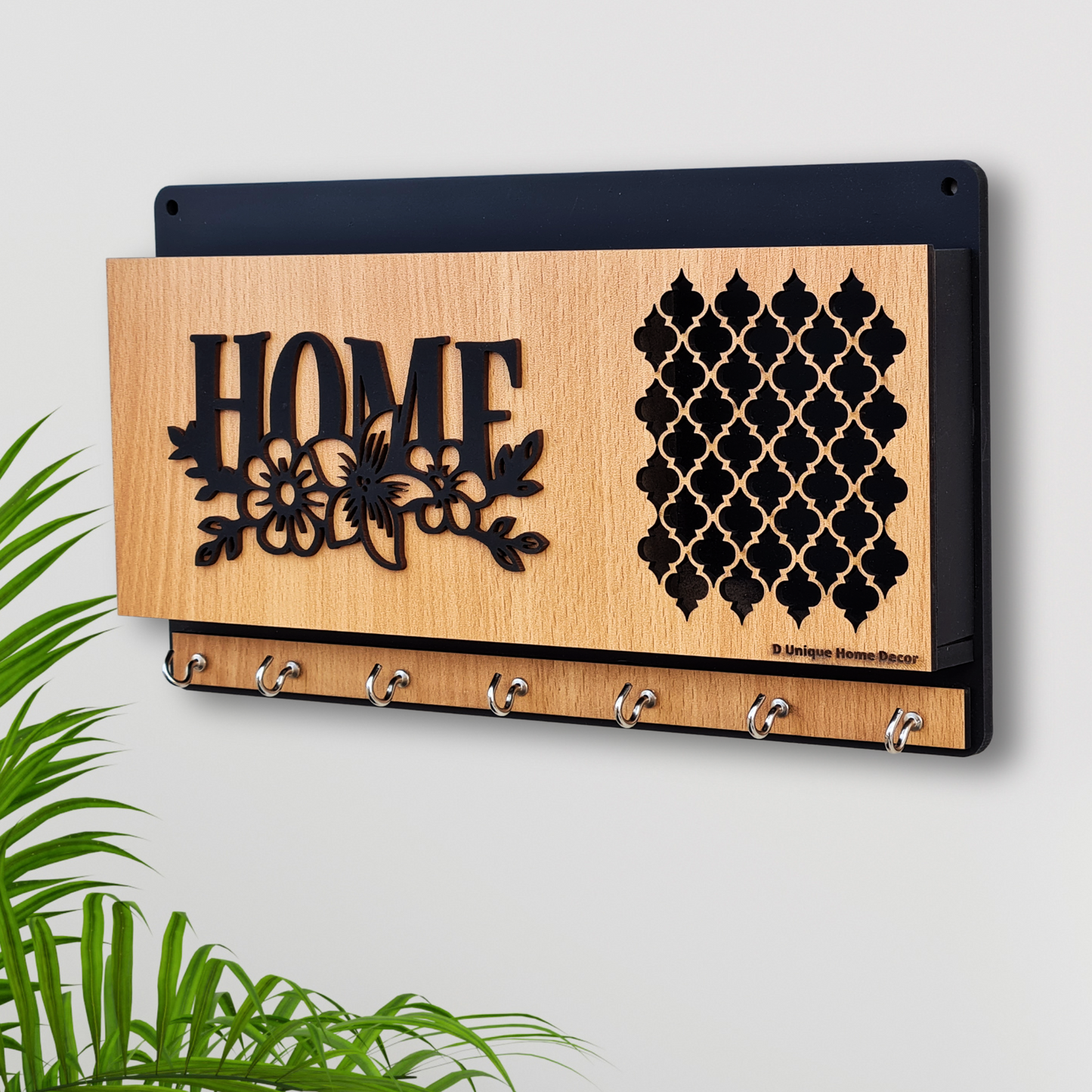 Wooden Laser Cut Key Holder – 7 Hook Wall Mount Key Organizer | Dandjdecor.in