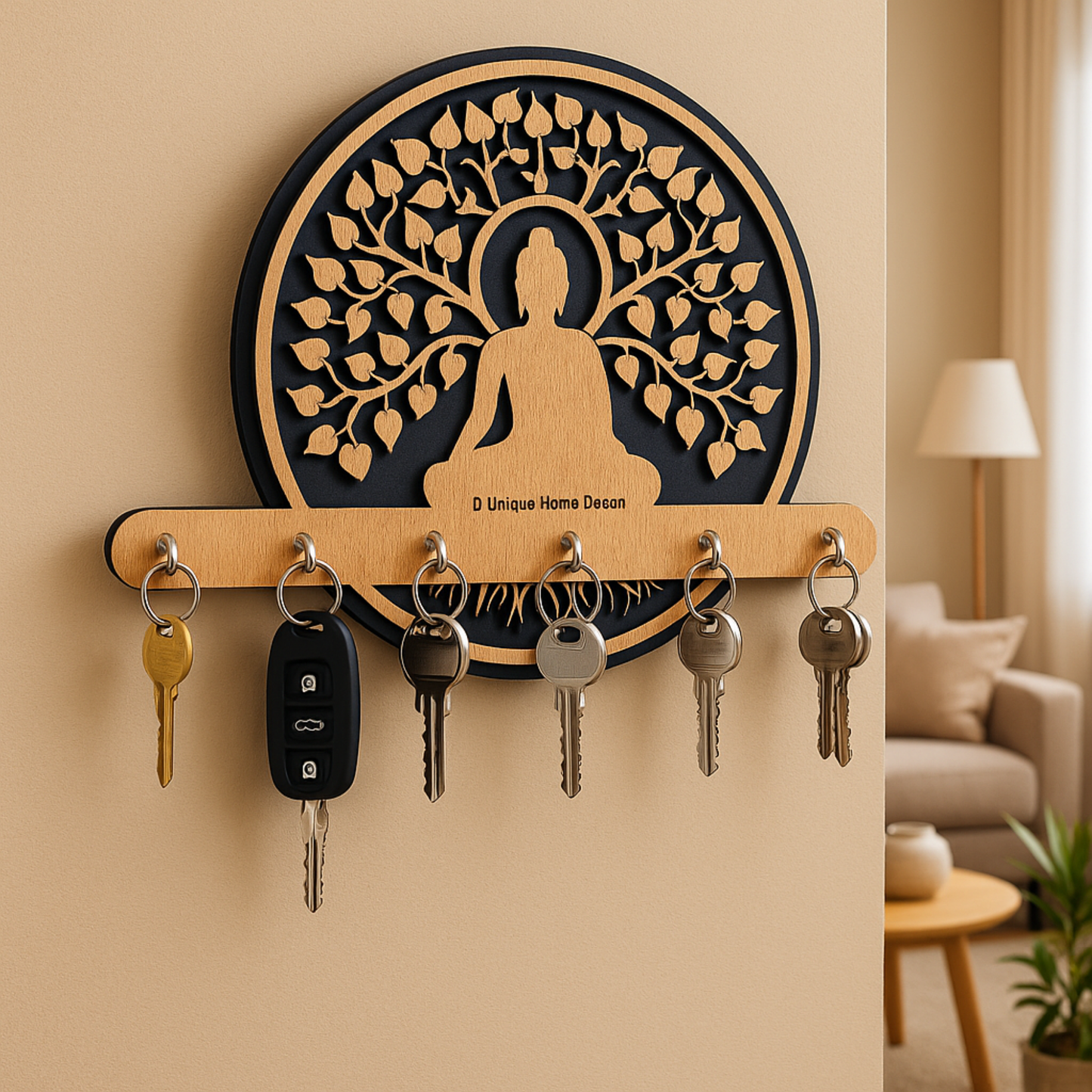 Buddha-Themed Wooden Key Holder – 7 Hook Wall Mount | Dandjdecor.in
