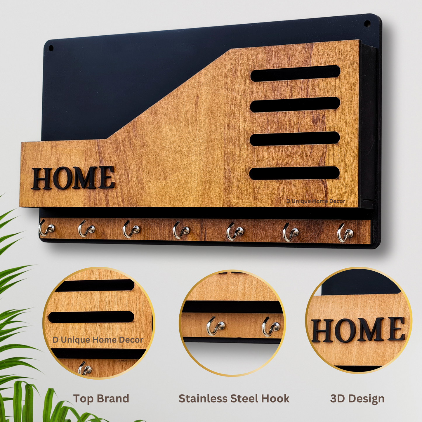 Modern Wooden Key Rack for Wall | HOME Word Art | 7 Hook Key Storage | Wall Décor by Dandjdecor