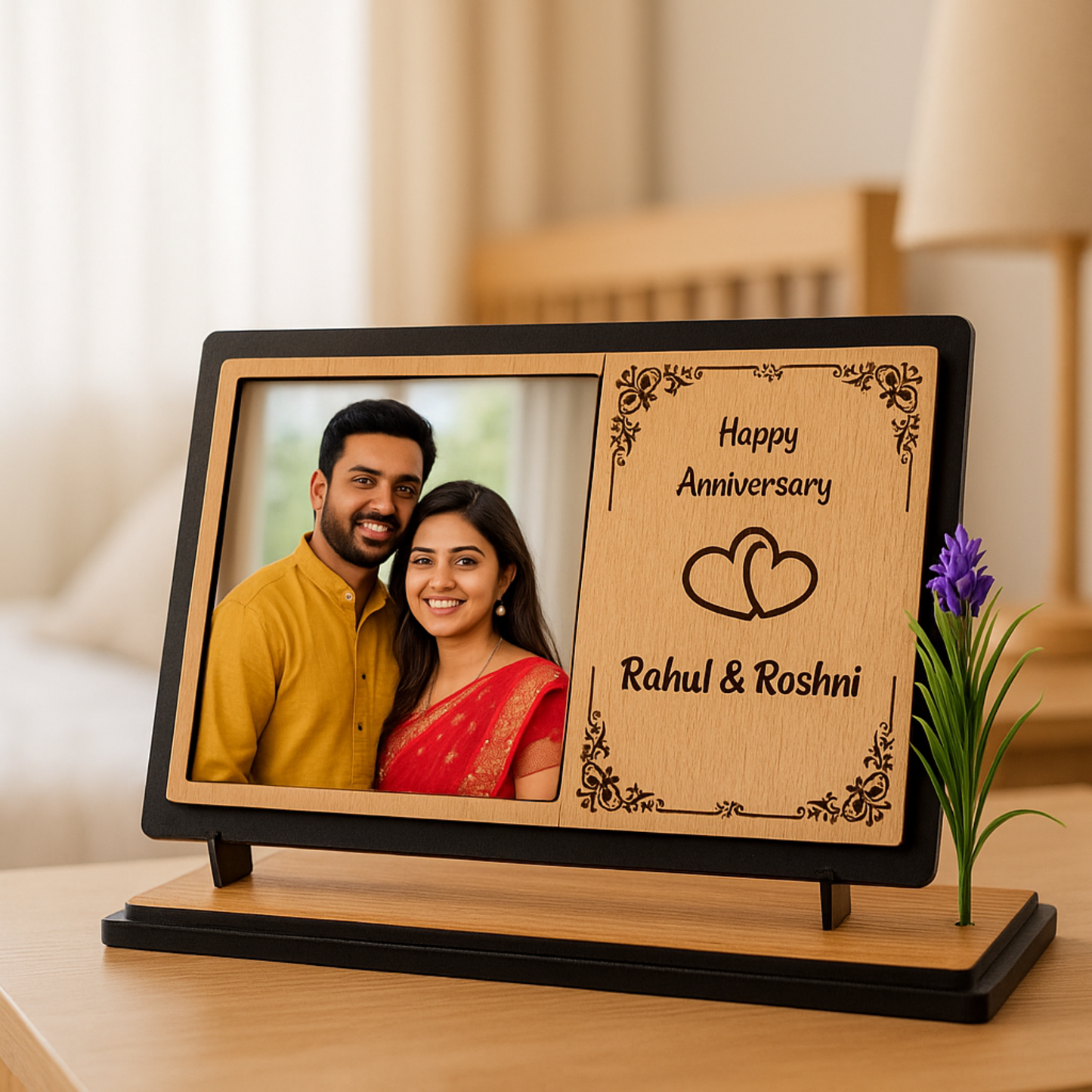 Customized Wooden Couple Photo Frame – Anniversary Gift | Dandjdecor.in