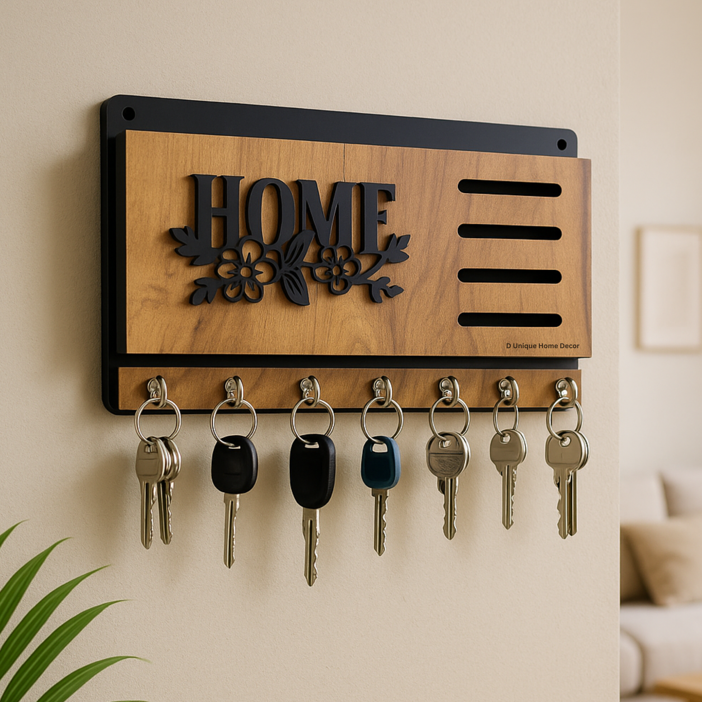HOME” Laser Cut Wooden Key Holder – 7 Hook Wall Mount Organizer | Dandjdecor.in