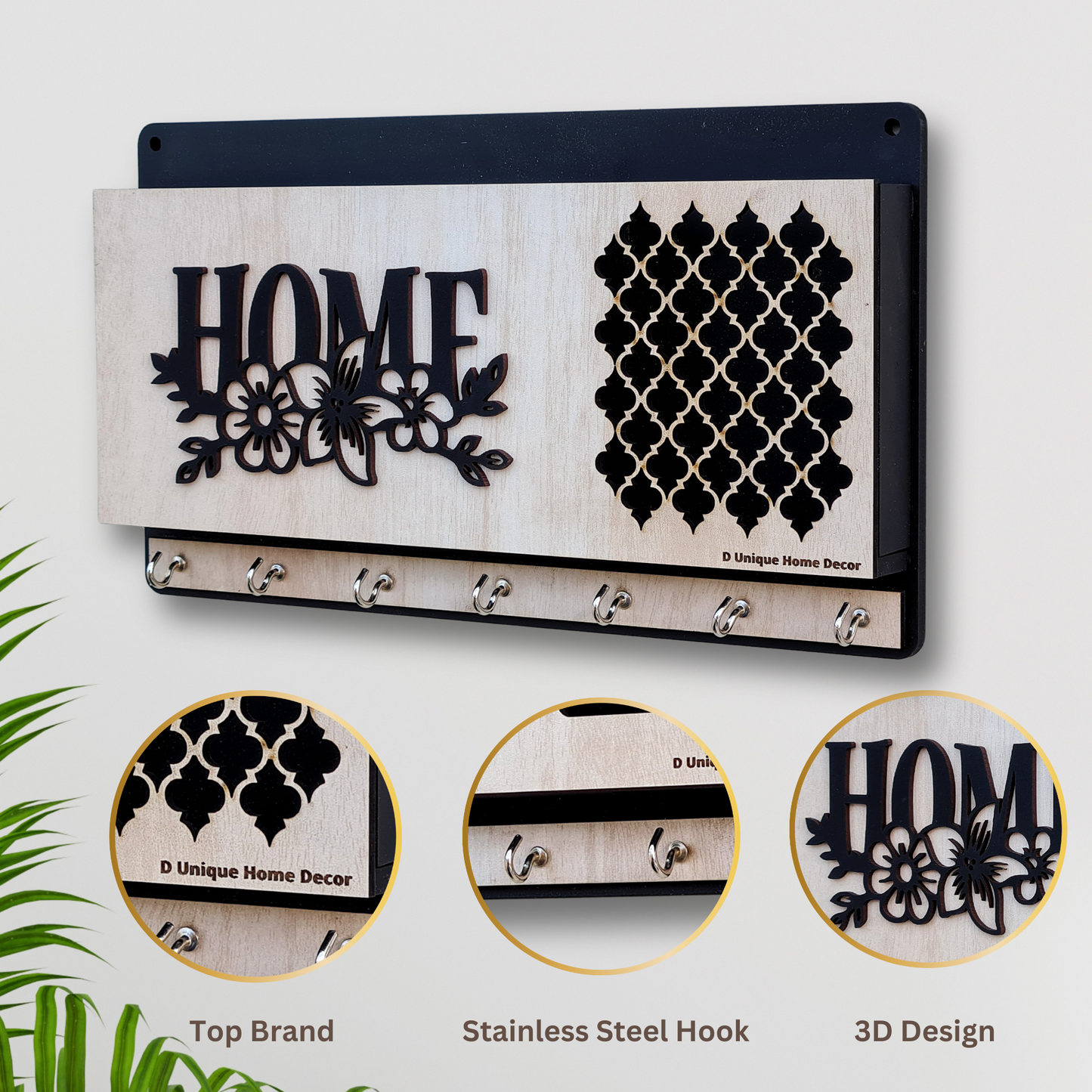 Wall Mounted Key Holder with 7 Stainless Hooks Style 2 | Wooden "HOME" Design Key Organizer – Dandjdecor.in