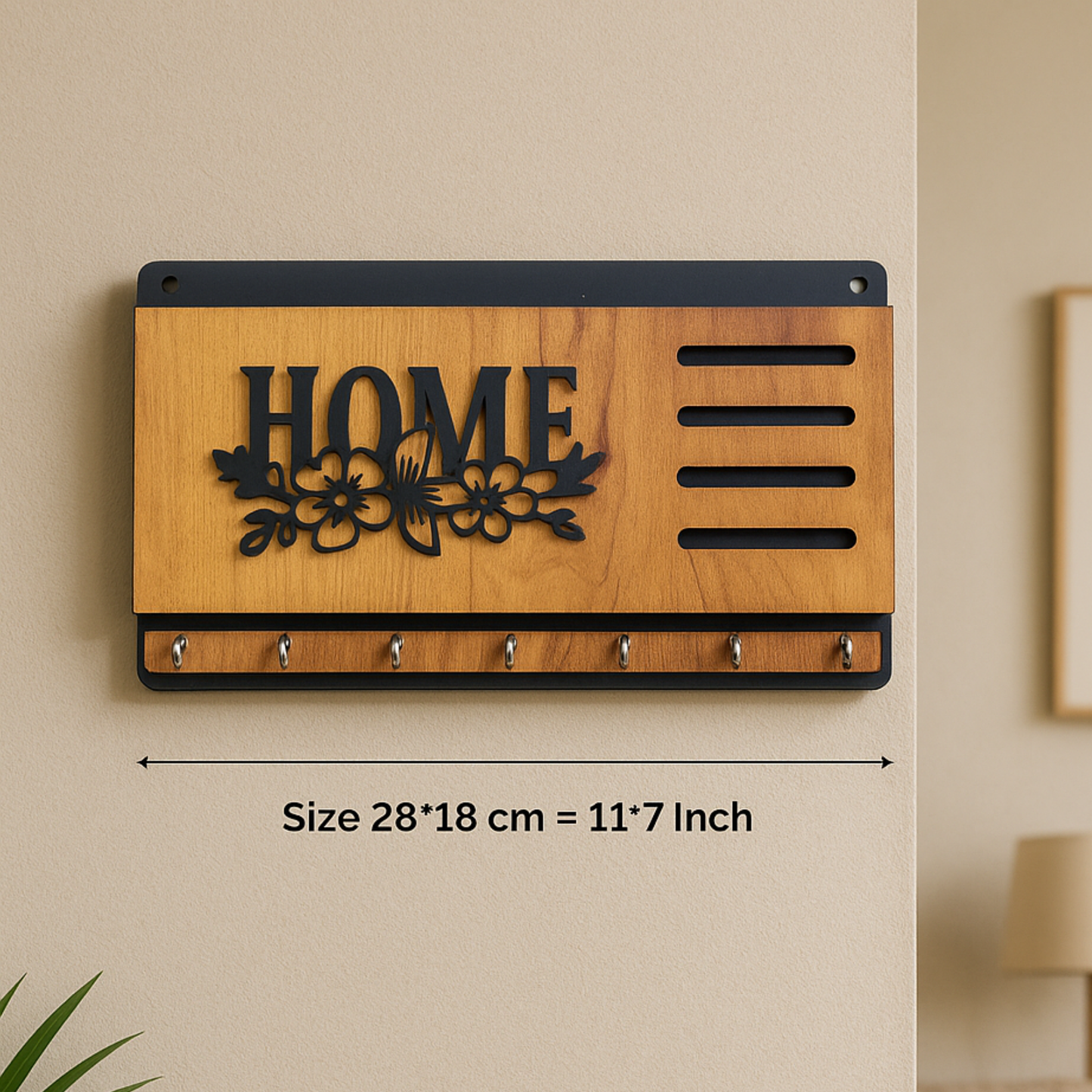 HOME” Laser Cut Wooden Key Holder – 7 Hook Wall Mount Organizer | Dandjdecor.in