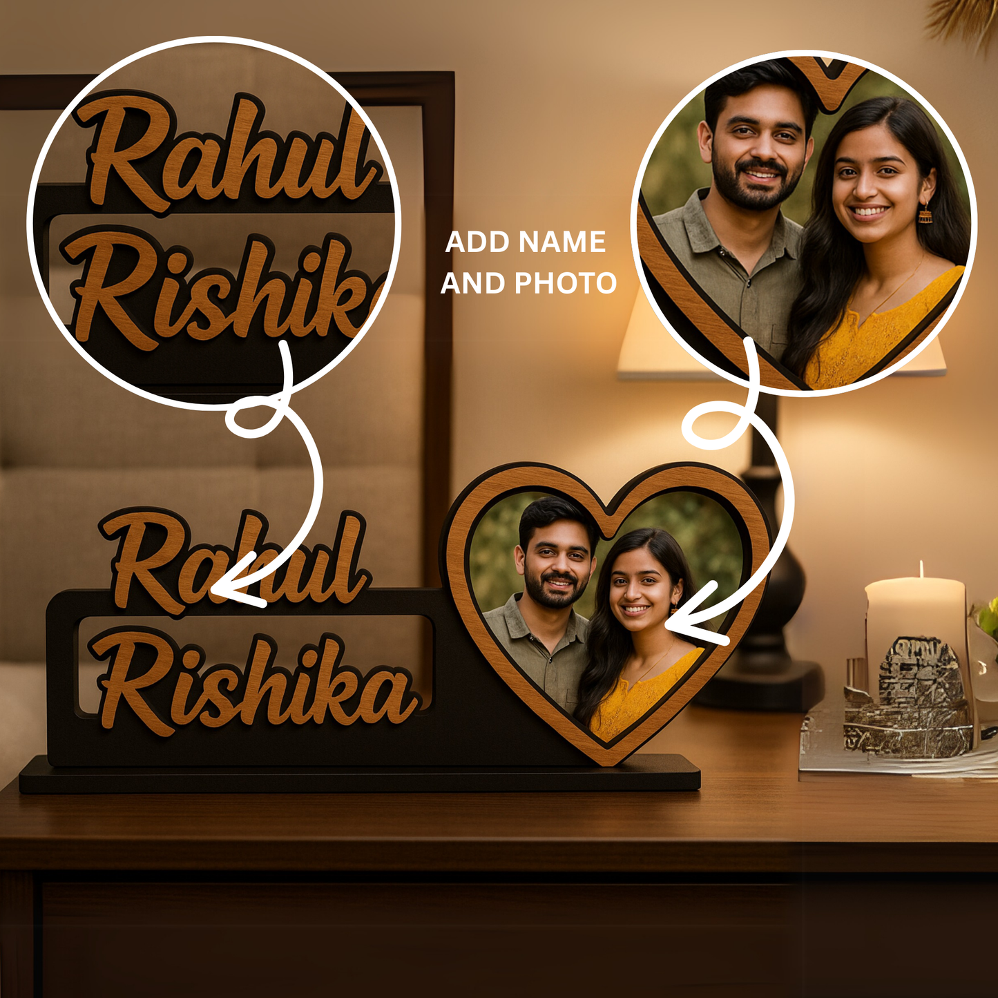 Personalized Heart-Shaped Couple Name Photo Frame – Perfect for Anniversaries & Birthdays | Dandjdecor.in