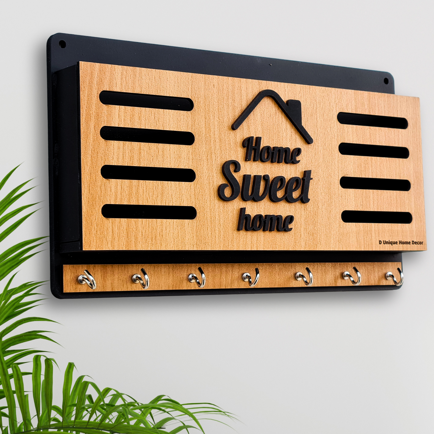 Wall Mounted Key Holder with 7 Stainless Hooks | Wooden "HOME" Design Key Organizer – Dandjdecor.in