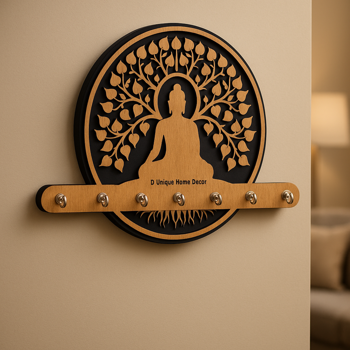 Buddha-Themed Wooden Key Holder – 7 Hook Wall Mount | Dandjdecor.in