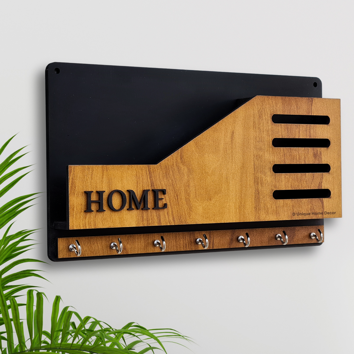 Modern Wooden Key Rack for Wall | HOME Word Art | 7 Hook Key Storage | Wall Décor by Dandjdecor