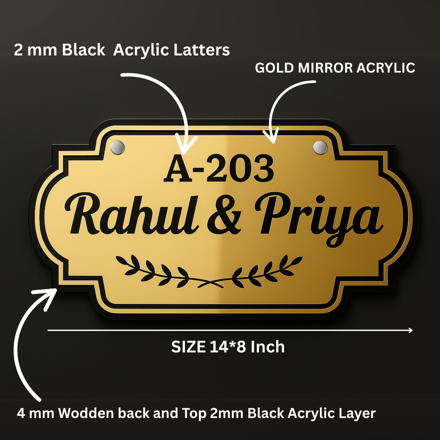 Customized Wooden & Acrylic Name Plate with Kids Names – Golden Finish